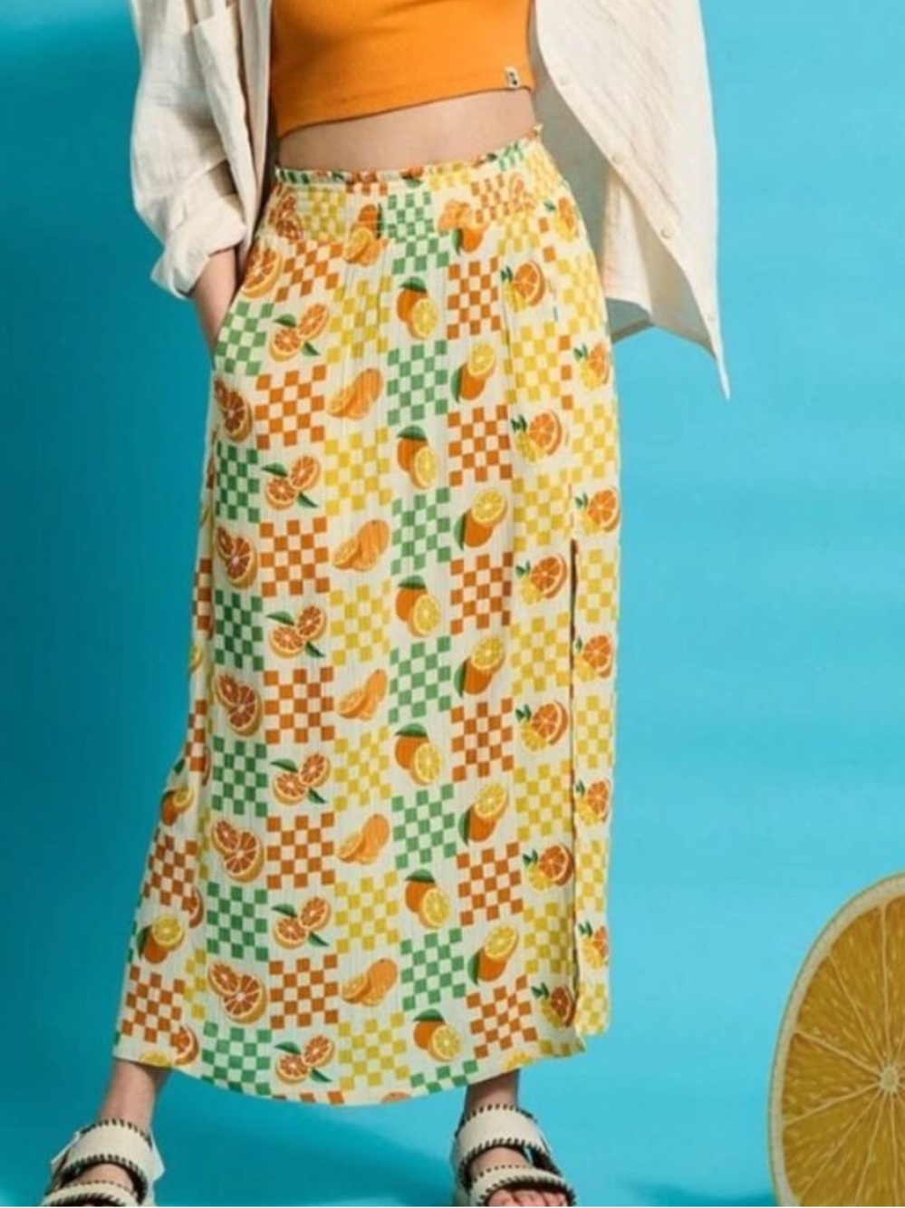 Lucy & Yak Poppy Zesty Checkers Oranges Midi Skirt Pockets Side Slit Plus SZ 2XL